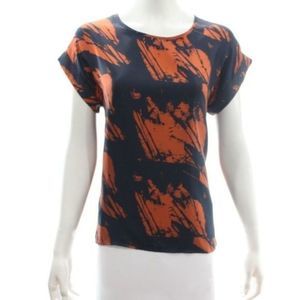 H FREDRIKSSON NAVY & ORANGE PRINT SILK BLOUSE XS